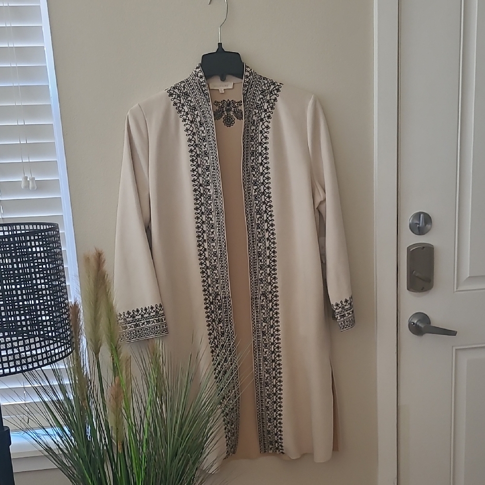 Solitaire Beige and Black Embroidered Long Blazer